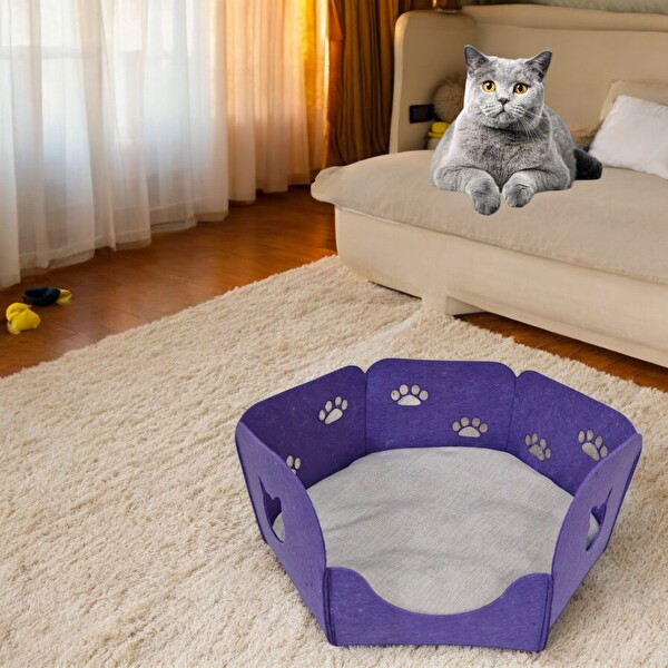 Next Craft Kedi Yatağı Yuvası Evi Minderli Taşınabilir 3 MM Keçe Mor Renk (Yuva-Minder)