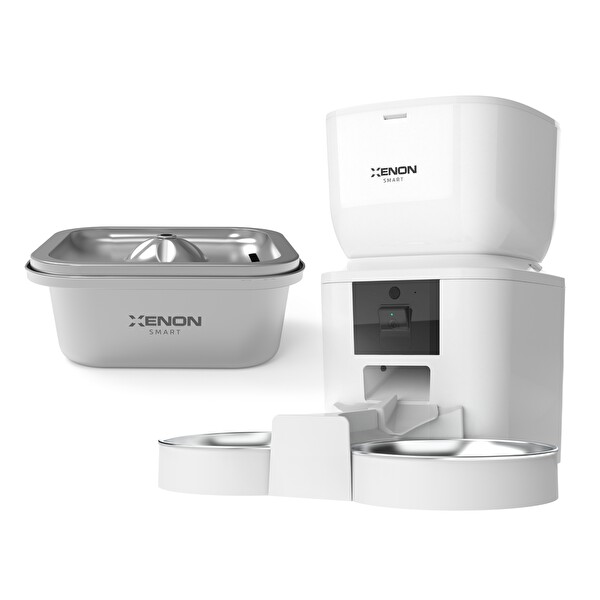 Xenon Smart Akıllı Çift Hazneli Beyaz Mama Kabı Uygulama Kontrollü Ultra Sessiz Çelik Su Pınarı Seti