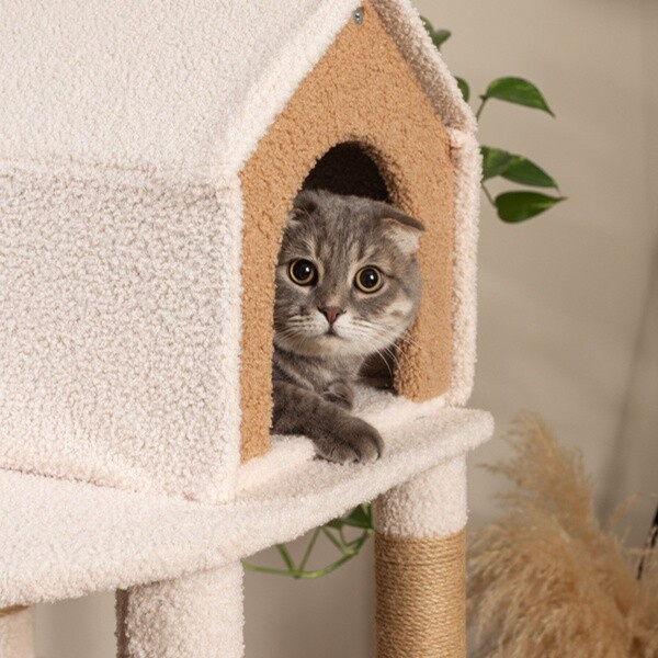 Raikou - 3 Katlı Tırmalama Direği Yatak ve Oyuncaklı Bej-Kahverengi Karamel Kedi Ağacı