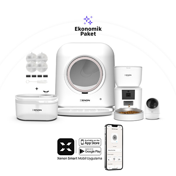 Xenon Smart Akıllı Otomatik Kedi Tuvaleti Mama Kabı Su Pınarı Smart Tag ve Yedek Filtre 5'li Pet Seti