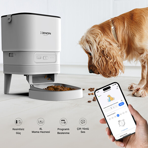 Xenon Smart Akıllı Otomatik Kedi Tuvaleti Mama Kabı Led Işıklı Su Pınarı İç Mekan Kamera ve Yedek Filtre 5'li Pet Set