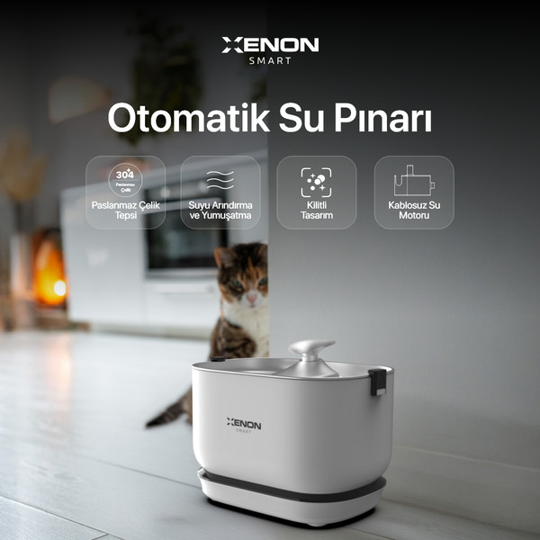 Xenon Smart Akıllı Otomatik Kedi Tuvaleti Çelik Mama Kabı Su Sebili Kamera ve Yedek Filtre 5'li Pet Seti