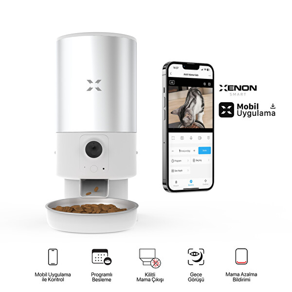 Xenon Smart Akıllı 5LT Çelik Hazneli Mama Kabı Otomatik Şarj Edilebilir Bataryalı Su Pınarı ve Yedek Filtre 3'lü Pet Seti