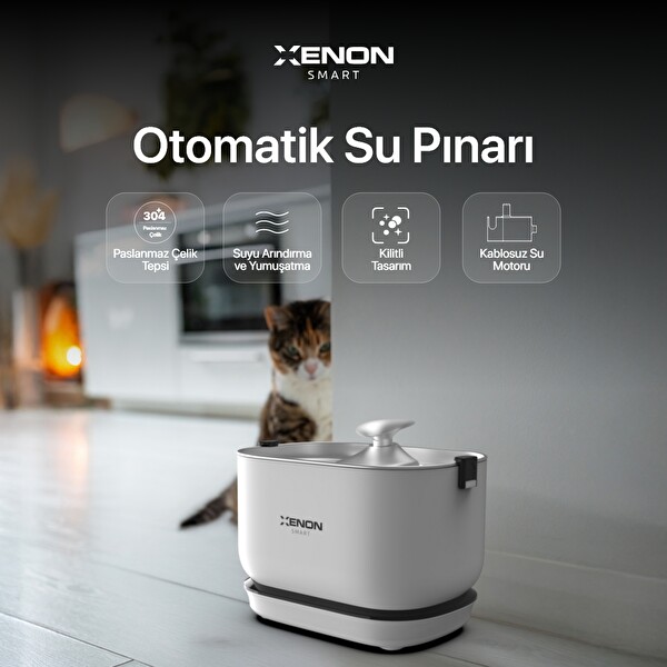 Xenon Smart Akıllı 5LT Çelik Hazneli Mama Kabı Otomatik Şarj Edilebilir Bataryalı Su Pınarı ve Yedek Filtre 3'lü Pet Seti
