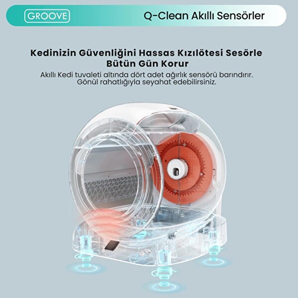 Groove Q-Clean Wi-Fi Otomatik Akıllı Kedi Tuvaleti Turuncu Ultra Sessiz - Akıllı Sprey Koku Giderici - APP Kontrol