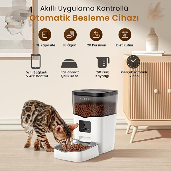 Petfit Feline Prime 3L WiFi Kameralı Akıllı Otomatik Kedi Köpek Mama Kabı Besleme Ünite Sesli Komut - Çelik Kase