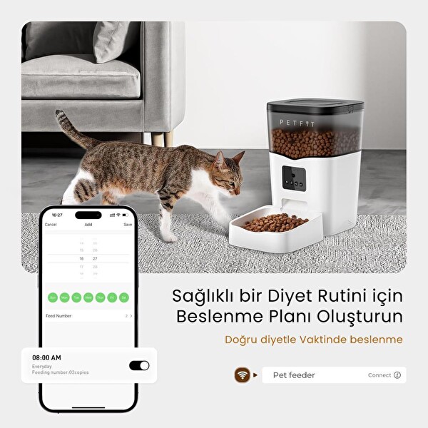 Petfit Feline Prime 3L WiFi Kameralı Akıllı Otomatik Kedi Köpek Mama Kabı Besleme Ünite Sesli Komut - Çelik Kase