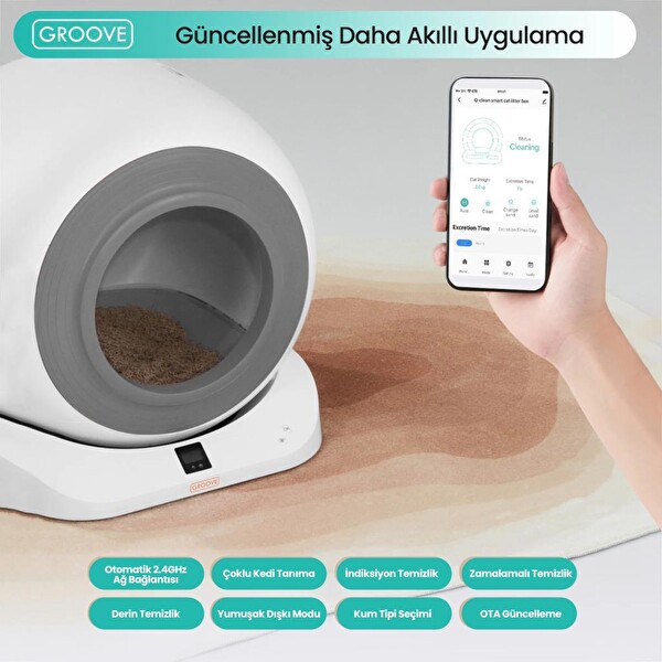 Groove Q-Clean Wi-Fi Otomatik Akıllı Kedi Tuvaleti Gri (Ultra Sessiz+Akıllı Sprey Koku Giderici+APP Kontrol+Akıllı Sensör)