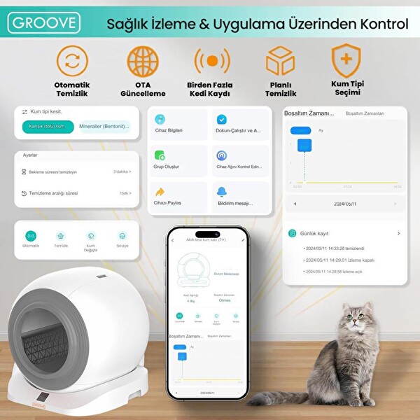 Groove Q-Clean Wi-Fi Otomatik Akıllı Kedi Tuvaleti Gri (Ultra Sessiz+Akıllı Sprey Koku Giderici+APP Kontrol+Akıllı Sensör)