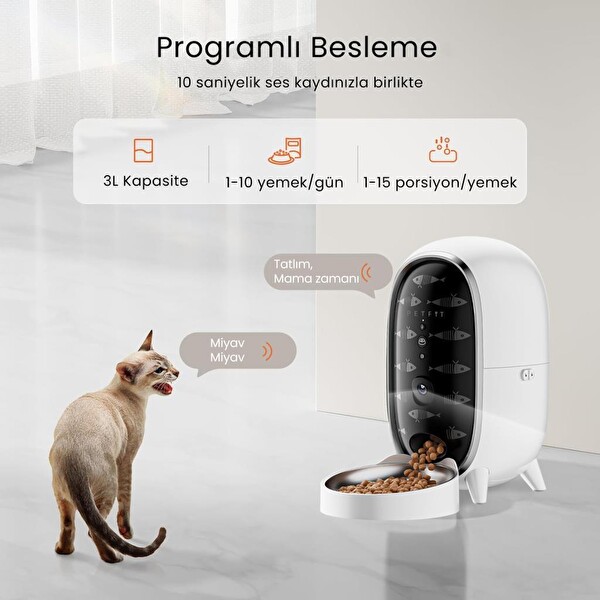Petfit Meow Pure 3L Wi-Fi Kameralı Akıllı Otomatik Kedi Köpek Mama Kabı Besleme Ünitesi Sesli Komut-Çelik Kase-APP