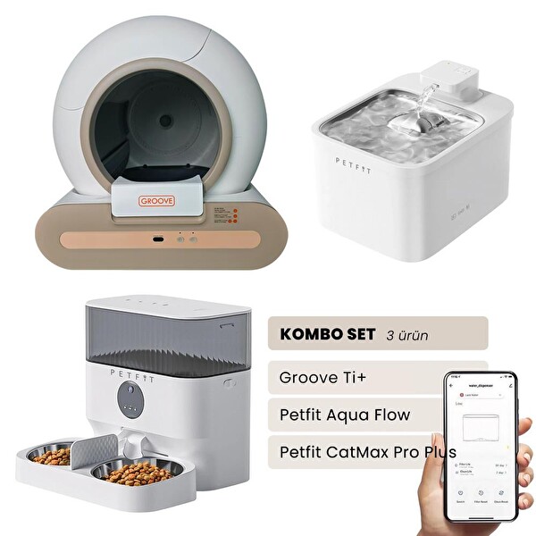 Groove Ti+ Otomatik Kedi Tuvaleti Kahverengi - Petfit Aqua Flow Akıllı Su Pınarı Çeşmesi - Petfit CatMax Pro Plus Mama Kabı