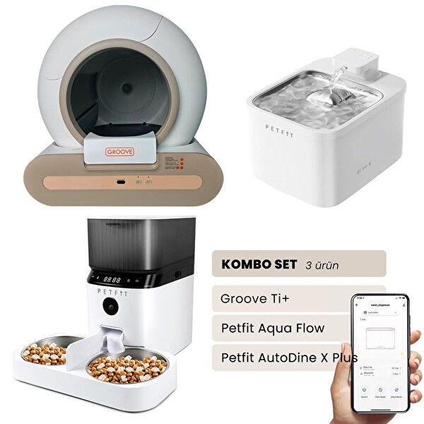 Groove Ti+ Otomatik Kedi Tuvaleti Kahverengi - Petfit Aqua Flow Akıllı Su Pınarı Çeşmesi - Petfit AutoDine X Plus Mama Kabı
