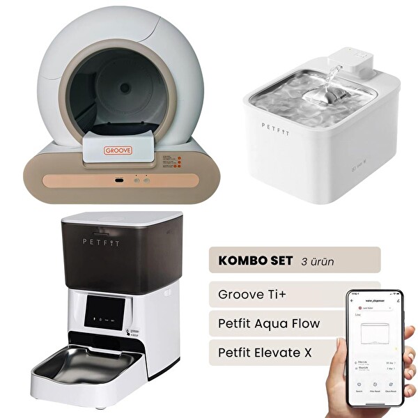 Groove Ti+ Otomatik Kedi Tuvaleti Kahverengi - Petfit Aqua Flow Akıllı Su Pınarı Çeşmesi - Petfit Elevate X Otomatik Mama Kabı