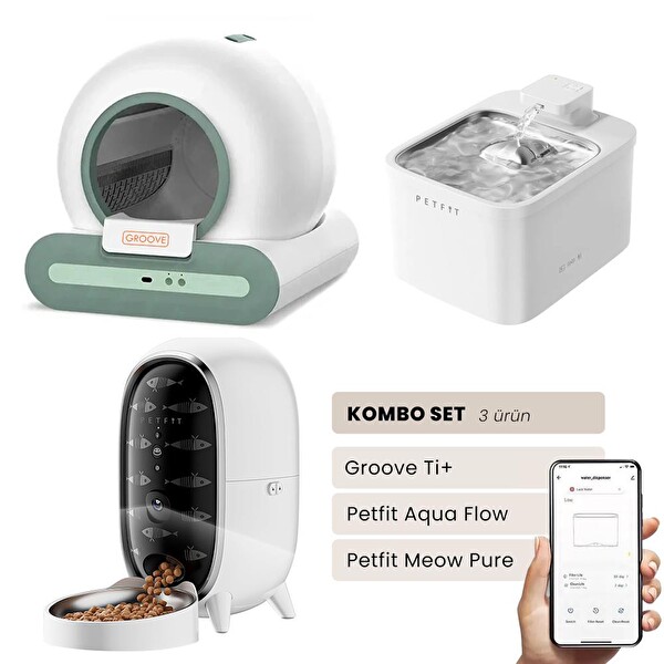 Groove Ti+ Otomatik Kedi Tuvaleti Yeşil - Petfit Aqua Flow Akıllı Su Pınarı Çeşmesi - Petfit Meow Pure Otomatik Mama Kabı