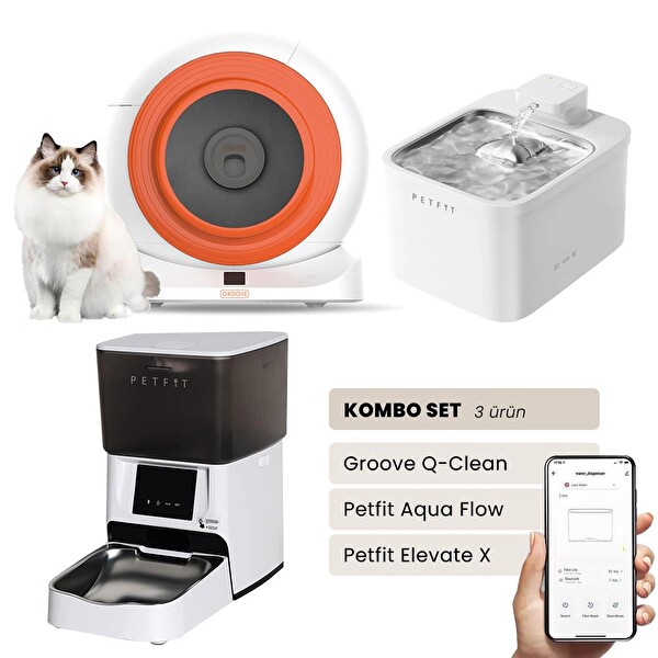 Groove Q-Clean Otomatik Kedi Tuvaleti Turuncu - Petfit Aqua Flow Akıllı Su Pınarı Çeşmesi - Petfit Elevate X Otomatik Mama Kabı
