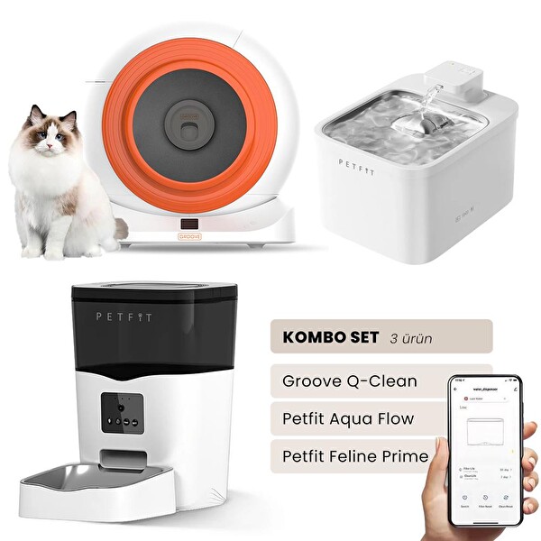 Resim Groove Q-Clean Otomatik Kedi Tuvaleti Turuncu - Petfit Aqua Flow Akıllı Su Pınarı Çeşmesi - Petfit Feline Prime Otomatik Mama Kabı 