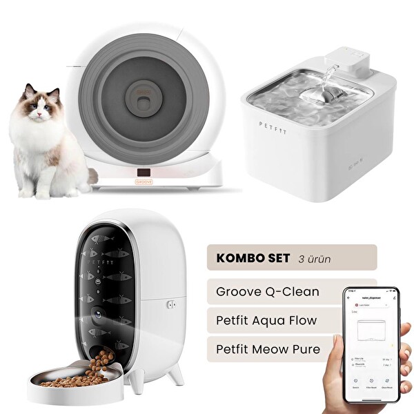 Groove Q-Clean Otomatik Kedi Tuvaleti Gri - Petfit Aqua Flow Akıllı Su Pınarı Çeşmesi - Petfit Meow Pure Akıllı Otomatik Mama Kabı