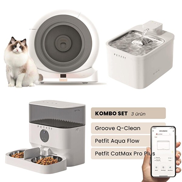 Groove Q-Clean Otomatik Kedi Tuvaleti Gri - Petfit Aqua Flow Akıllı Su Pınarı - Petfit CatMax Pro Plus Otomatik Mama Kabı