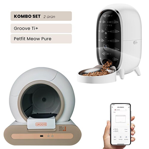 Groove Ti+ Wi-Fi Otomatik Kedi Tuvaleti Kahverengi - Petfit Meow Pure 3L Wi-Fi Kameralı Akıllı Otomatik Mama Kabı
