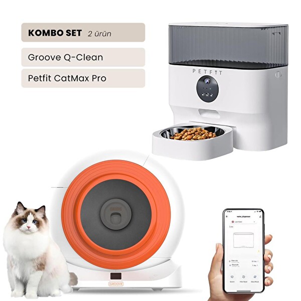 Groove Q-Clean Wi-Fi Otomatik Kedi Tuvaleti Turuncu - Petfit CatMax Pro 5L Wi-Fi Kameralı Akıllı Otomatik Mama Kabı