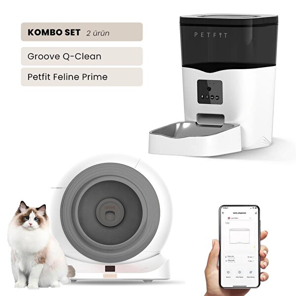 Groove Q-Clean Wi-Fi Otomatik Kedi Tuvaleti Gri - Petfit Feline Prime 3L Wi-Fi Kameralı Akıllı Otomatik Mama Kabı