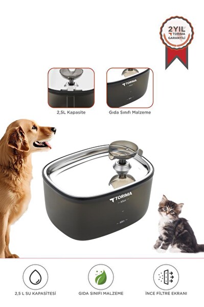 Torima TPD-01 Siyah Otomatik Filtreli Kedi Köpek Su Pınarı Ultra Sessiz Su Şelalesi