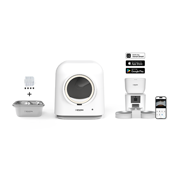 Xenon Smart Akıllı Kedi Tuvaleti Çift Hazneli Mama Kabı Sessiz Çelik Su Pınarı Yedek Filtre Pet Seti