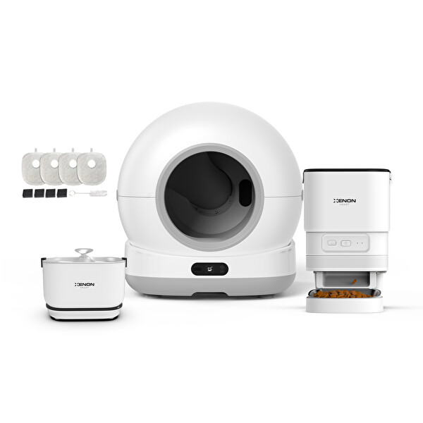Xenon Smart Akıllı Kamerasız Kedi Tuvaleti Çelik Kaseli Mama Kabı Bataryalı Su Pınarı ve Filtre 4'lü Pet Seti