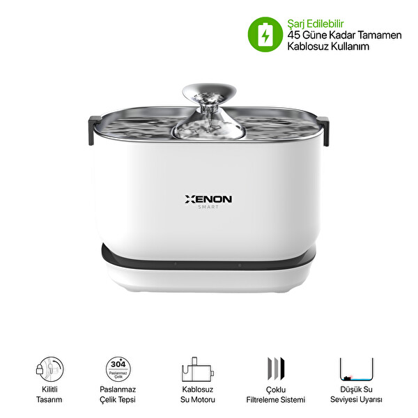 Xenon Smart Akıllı Kamerasız Kedi Tuvaleti Çelik Kase 4 LT Mama Kabı Bataryalı Su Pınarı ve Filtre 4l'lü Pet Seti