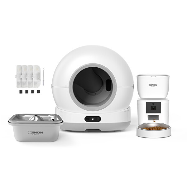 Xenon Smart Akıllı Kamerasız Kedi Tuvaleti Çelik Kaseli 4 LT Mama Kabı Çelik Su Pınarı ve Filtre 4'lü Pet Seti