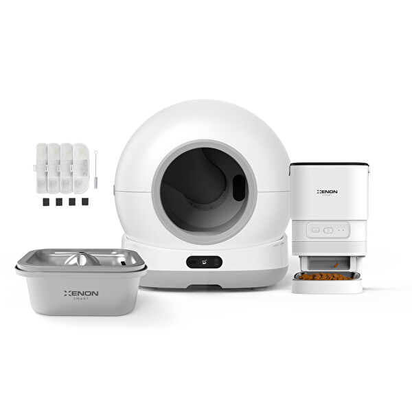 Xenon Smart Akıllı Kameralı Kedi Tuvaleti Çelik Kaseli Mama Kabı Çelik Su Pınarı ve Filtre 4'lü Pet Seti
