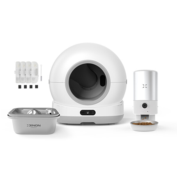 Xenon Smart Akıllı Kamerasız Kedi Tuvaleti Çelik Kaseli 5 LT Mama Kabı Çelik Su Pınarı ve Filtre 4'lü Pet Seti