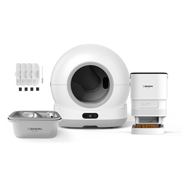 Xenon Smart Akıllı Kamerasız Kedi Tuvaleti Çelik Kaseli Mama Kabı Çelik Su Pınarı ve Filtre 4'lü Pet Seti