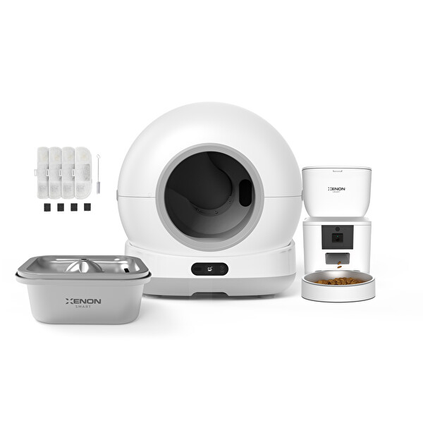 Xenon Smart Akıllı Kameralı Kedi Tuvaleti Çelik Kaseli 4 LT Mama Kabı Çelik Su Pınarı ve Filtre 4'lü Pet Seti
