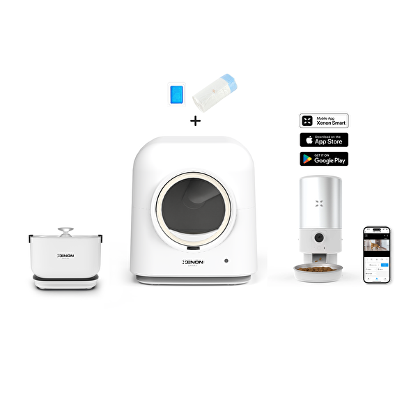Xenon Smart Akıllı Otomatik Kedi Tuvaleti 5LT Çelik Mama Kabı Bataryalı Su Pınarı Premium 5'li Pet Seti