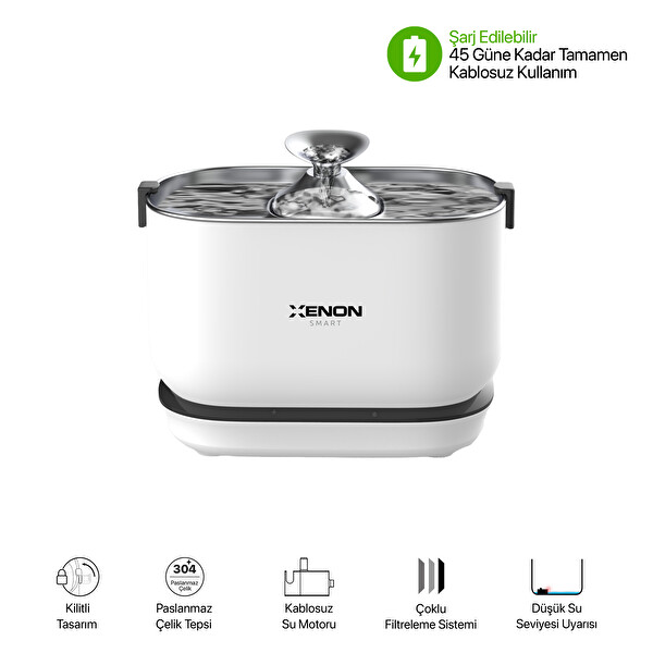 Xenon Smart Akıllı Kedi Tuvaleti 4LT Çelik Hazneli Mama Kabı Bataryalı Su Pınarı ve Yedek Filtre Pet Seti