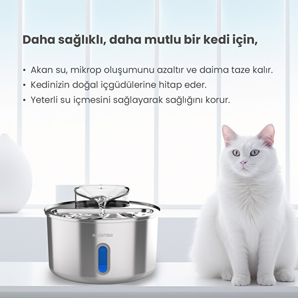 Haustier WF009L-W Pencereli 3.5 L Hazne Ultra Sessiz Çelik Otomatik Kedi Su Sebili