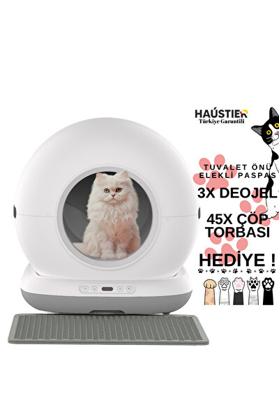 Haustier CB001 Akıllı Otomatik Kedi Tuvaleti - 75 L Hazneli 45 Adet Çöp Torbası - Elekli Paspas
