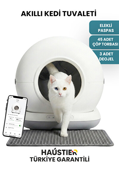 Haustier CB001 Akıllı Otomatik Kedi Tuvaleti - 75 L Hazneli 45 Adet Çöp Torbası - Elekli Paspas