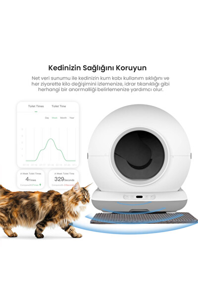 Haustier CB001 Akıllı Otomatik Kedi Tuvaleti - 75 L Hazneli 45 Adet Çöp Torbası - Elekli Paspas