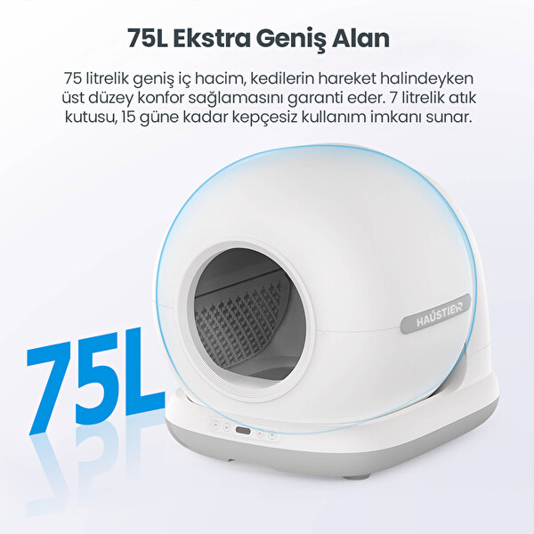 Haustier CB001 Akıllı Otomatik Kedi Tuvaleti - 75 L Hazneli 45 Adet Çöp Torbası - Elekli Paspas