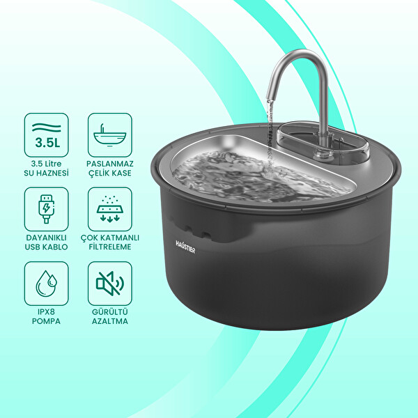 Haustier WF009LS Otomatik Kedi Su Sebili Siyah (Türkiye Garantili)