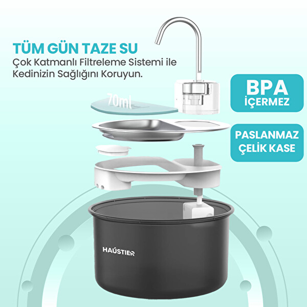 Haustier WF009LS Otomatik Kedi Su Sebili Siyah (Türkiye Garantili)