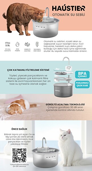 Haustier WF009LS Otomatik Kedi Su Çeşmesi 4 LT Çelik Üst Tabla BPA İçermez