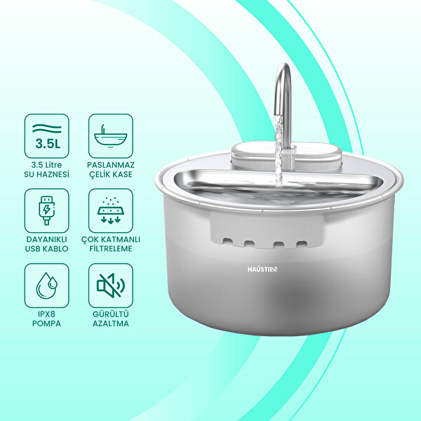 Haustier WF009LS Otomatik Kedi Su Çeşmesi 4 LT Çelik Üst Tabla BPA İçermez