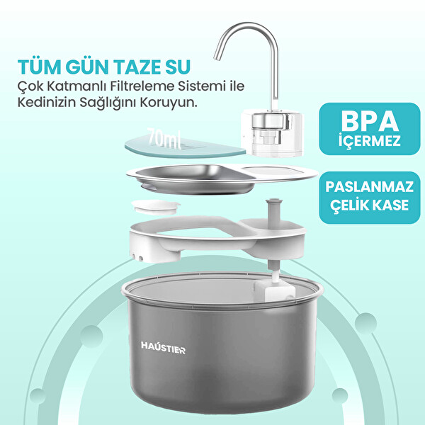 Haustier WF009LS Otomatik Kedi Su Çeşmesi 4 LT Çelik Üst Tabla BPA İçermez