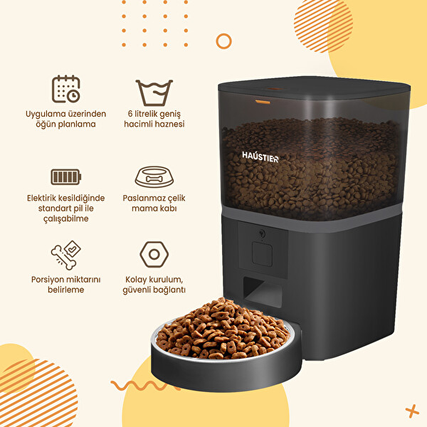 Haustier QQ003 Akıllı Kedi Köpek Otomatik Mama Kabı APP Kontrol Siyah (Türkiye Garantili)
