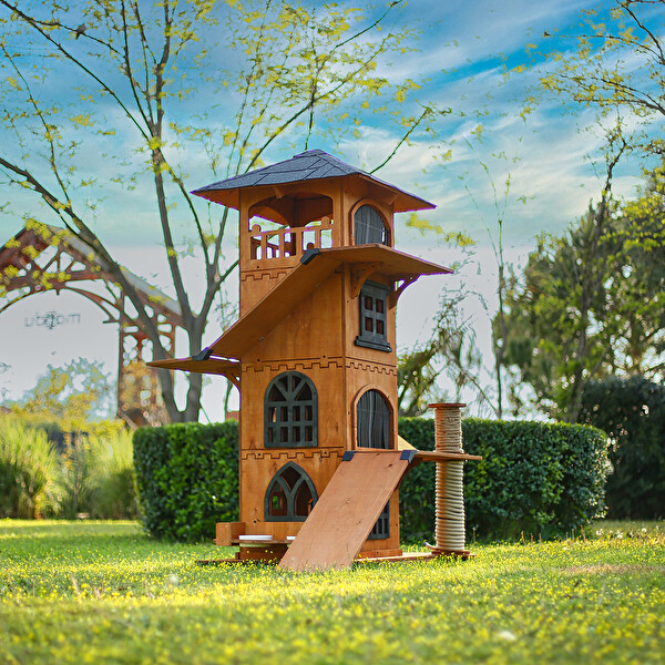 Mandu Ahşap 4 Katlı Teraslı Kedi Evi (Tırmalama - Mama Kaplı)