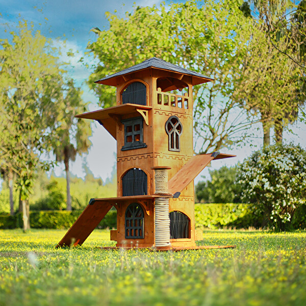 Mandu Ahşap 4 Katlı Teraslı Kedi Evi (Tırmalama - Mama Kaplı)