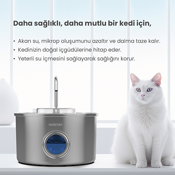 Haustier WF009LS-M Otomatik Kedi Su Pınarı 3.5 Lt Paslanmaz Çelik Kedi Su Sebili